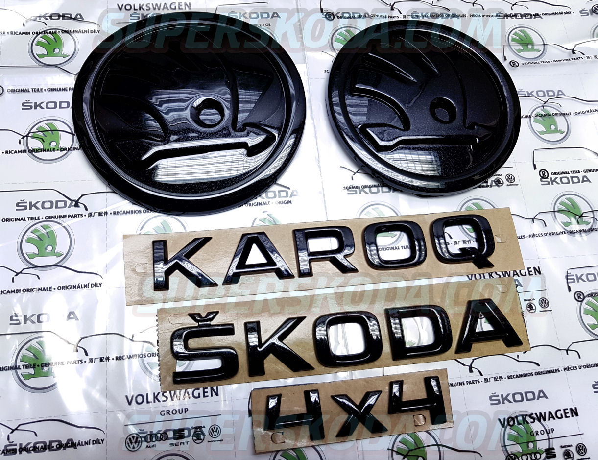Karoq - original Skoda MONTE CARLO schwarzer Emblemsatz - FRONT+REAR+KAROQ+ SKODA+4x4